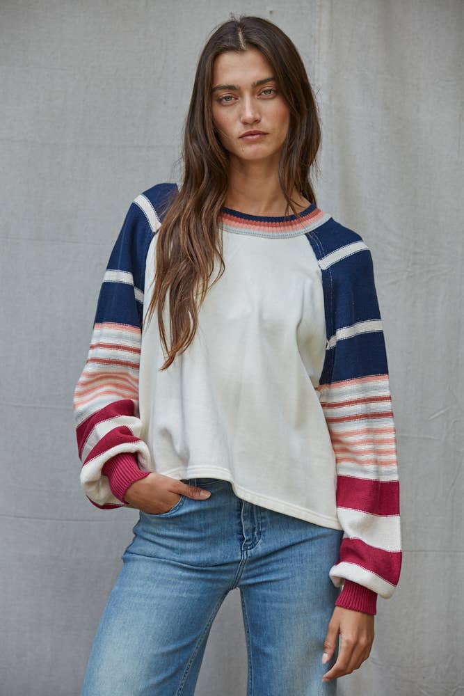 W2591 | Knit Multi Color Striped Long Sleeve Pullover Top