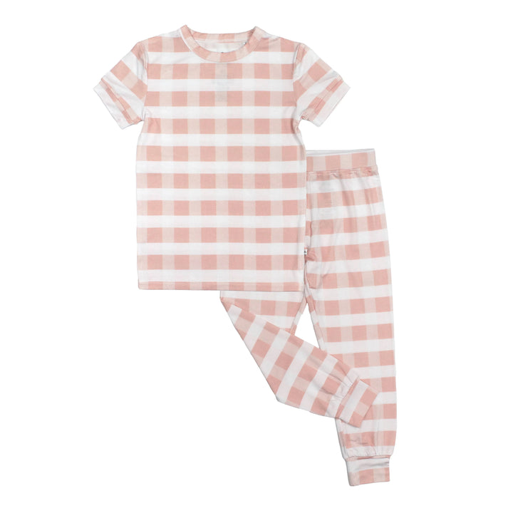 Pink and white gingham kids pajama set with short sleeve top and elastic waist pants