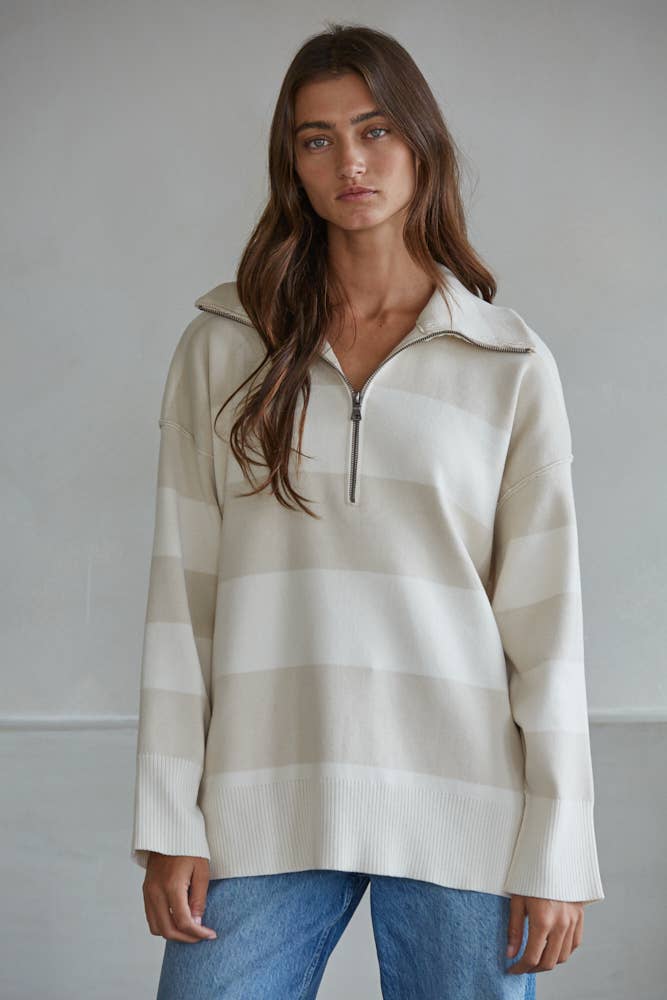 W2199 | Knit Striped Turtleneck Half Zip Up Top
