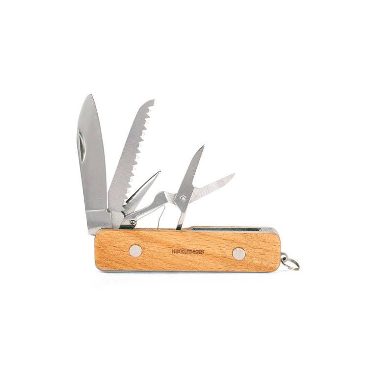 Compact wooden multi-tool with knife, saw, scissors for outdoor adventures and PNW weekends