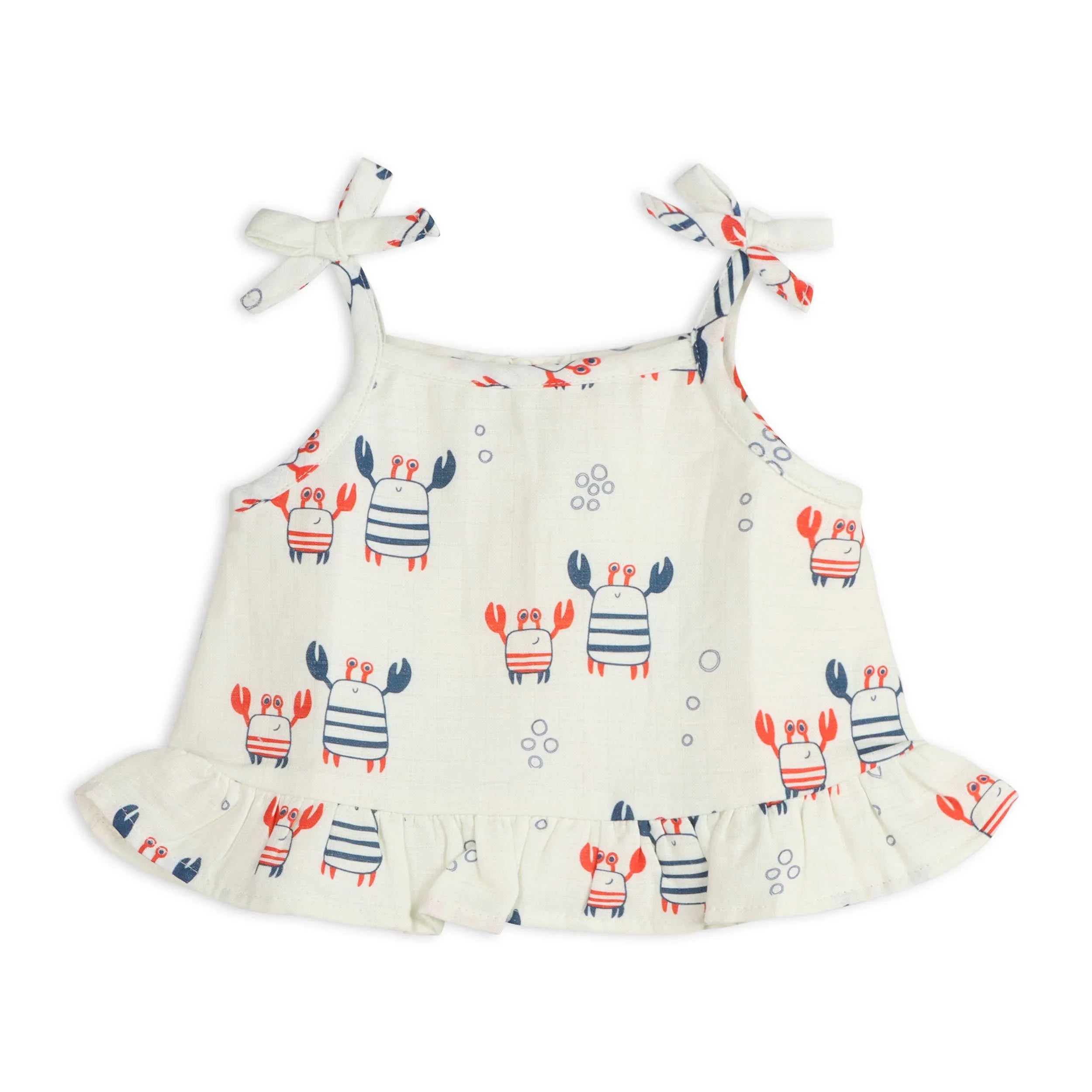 Baby girl's crab print sundress with tie straps and ruffle hem, nautical theme