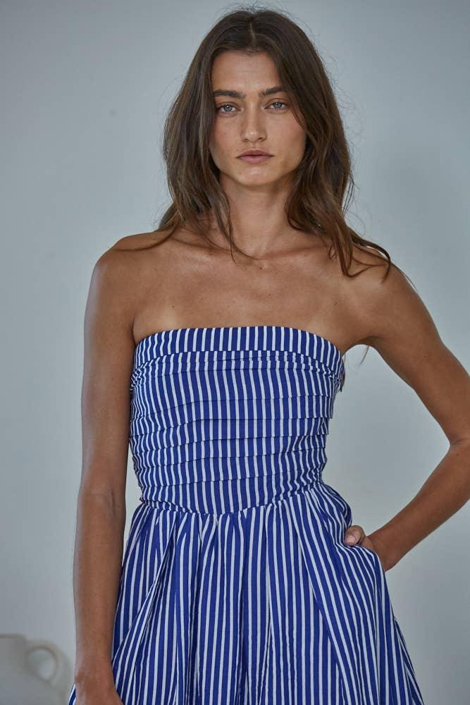 Blue and white striped strapless dress for coastal style and beach days