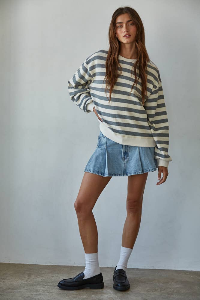 L8583 | Knit Cotton Striped Crew Neck Long Sleeve Sweatshirt