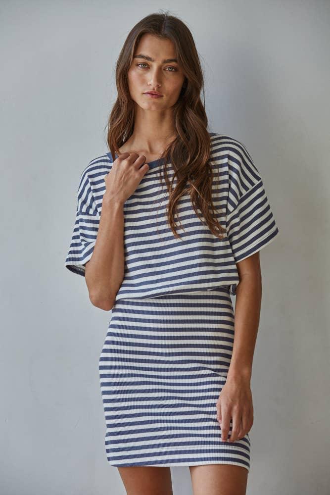 L9706 | Knit Cotton Spandex Striped Ribbed Short Sleeve Mini