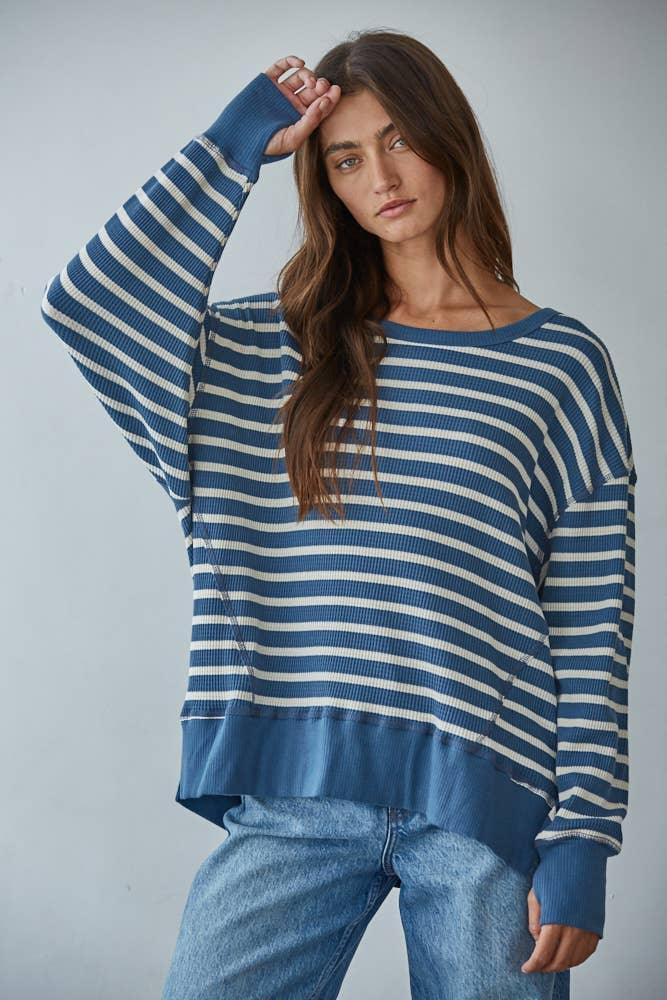 L9220 | Knit Cotton Spandex Striped Thermal Pullover