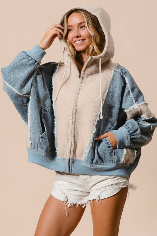 Washed And Fleece Mix And Match Zip Up Hoodie
