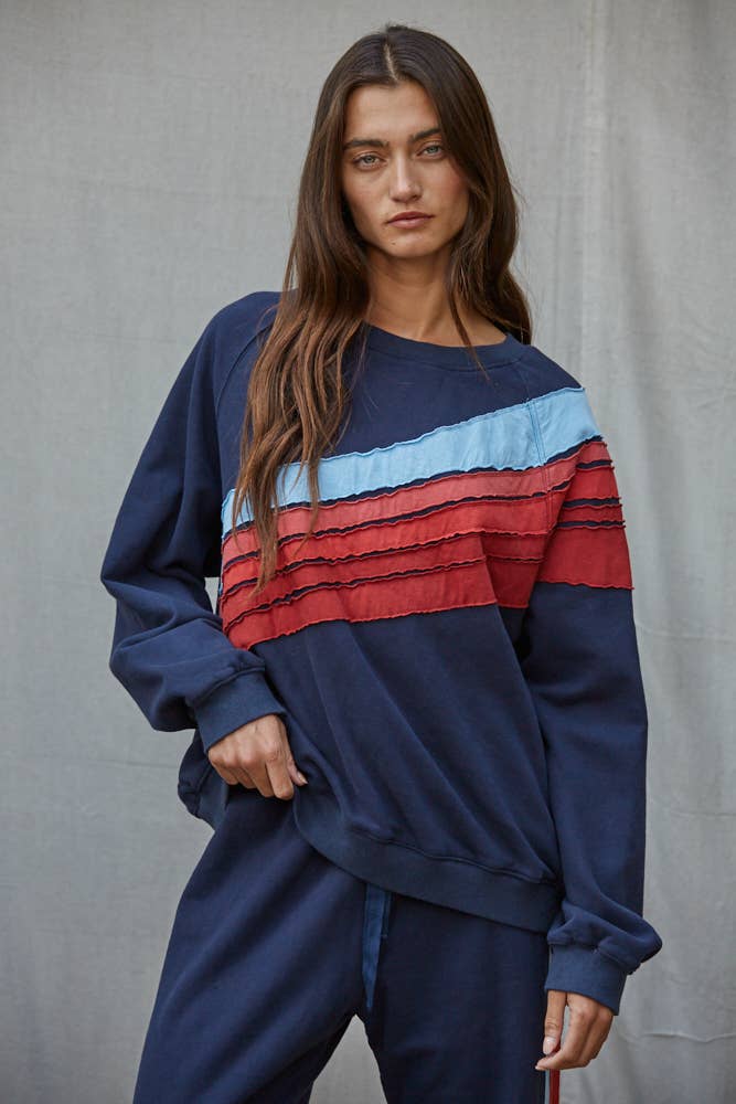 L10026T | Knit Cotton Crew Multi Color Stripe Detail Top