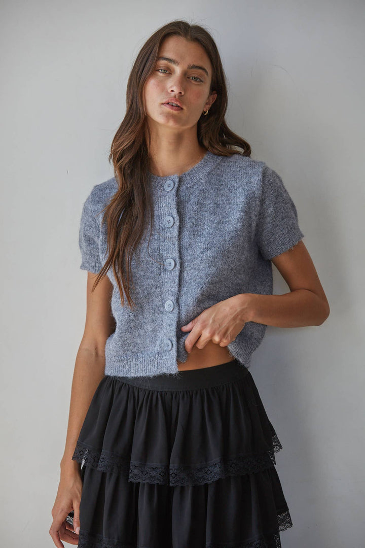 W2554 | Knit Sweater Button Down Short Sleeve Cardigan Top