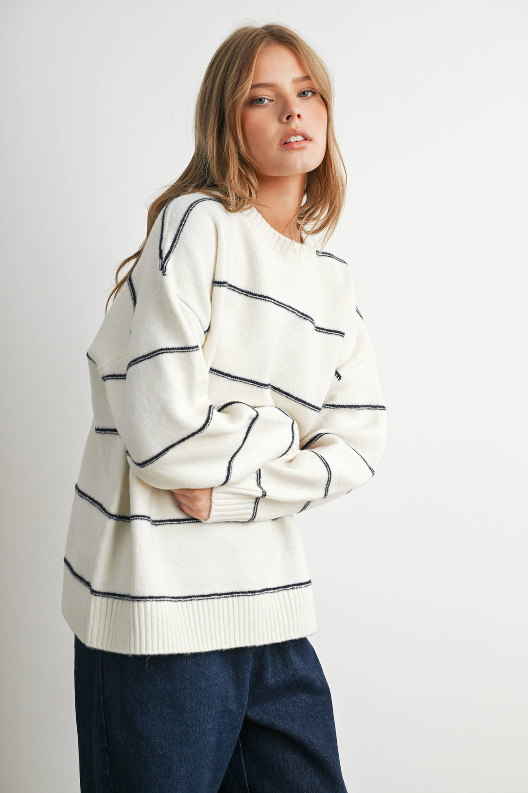 FALL STRIPED PATTERN DROP SHOULDER SWEATER - BMW7421