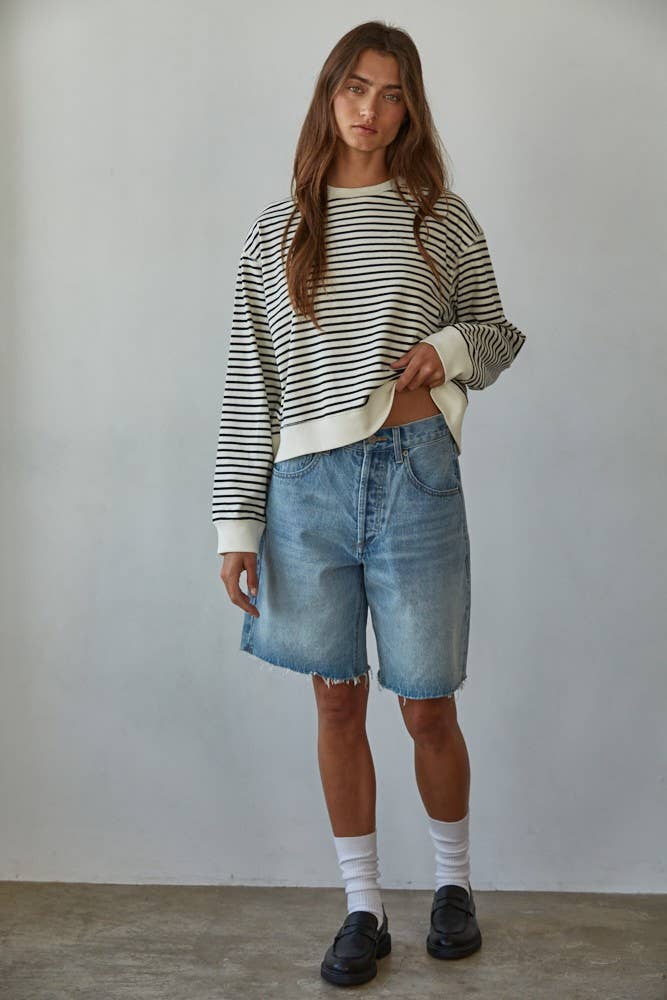 L8744 | Knit Cotton Striped Crew Neck Long Sleeve Top