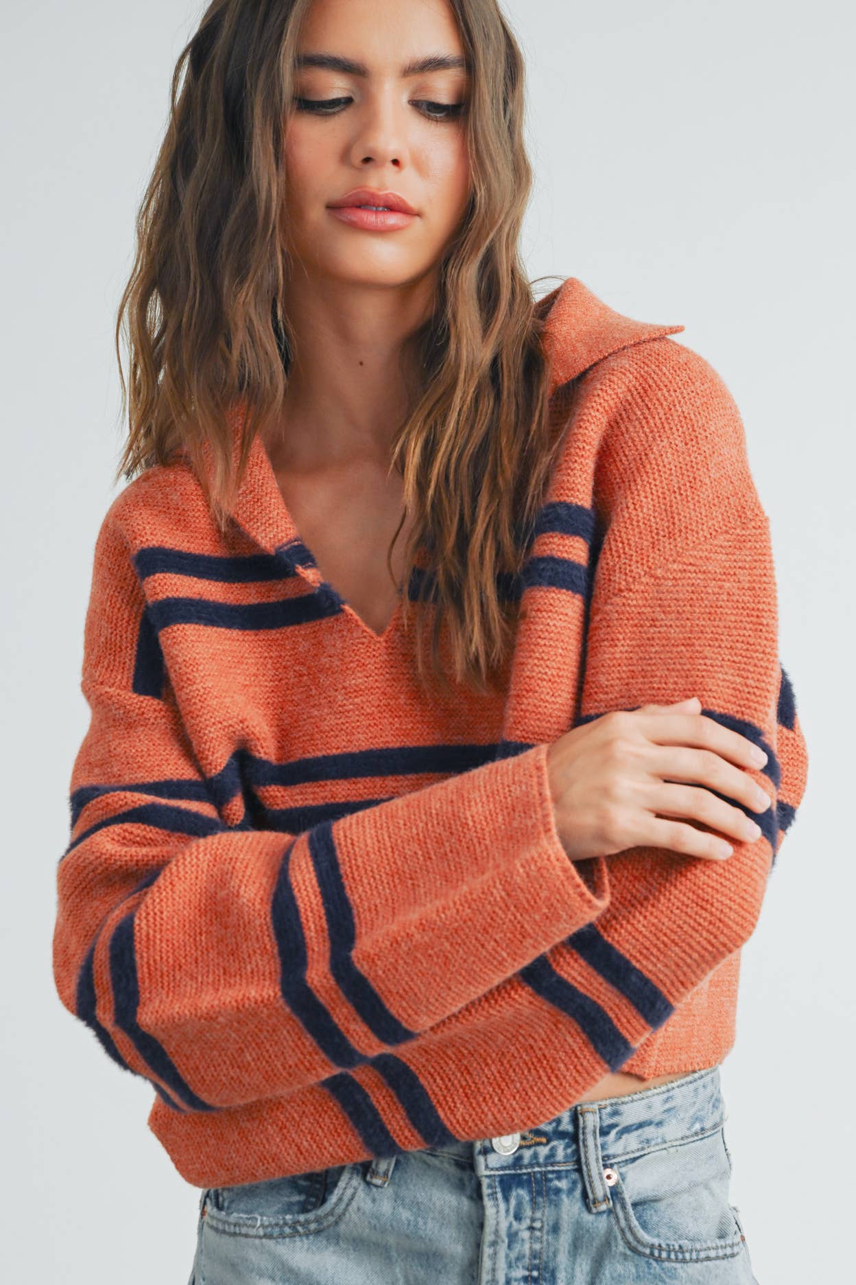 ButterMelonStripe Crop Collar Sweater Top - BMW7393