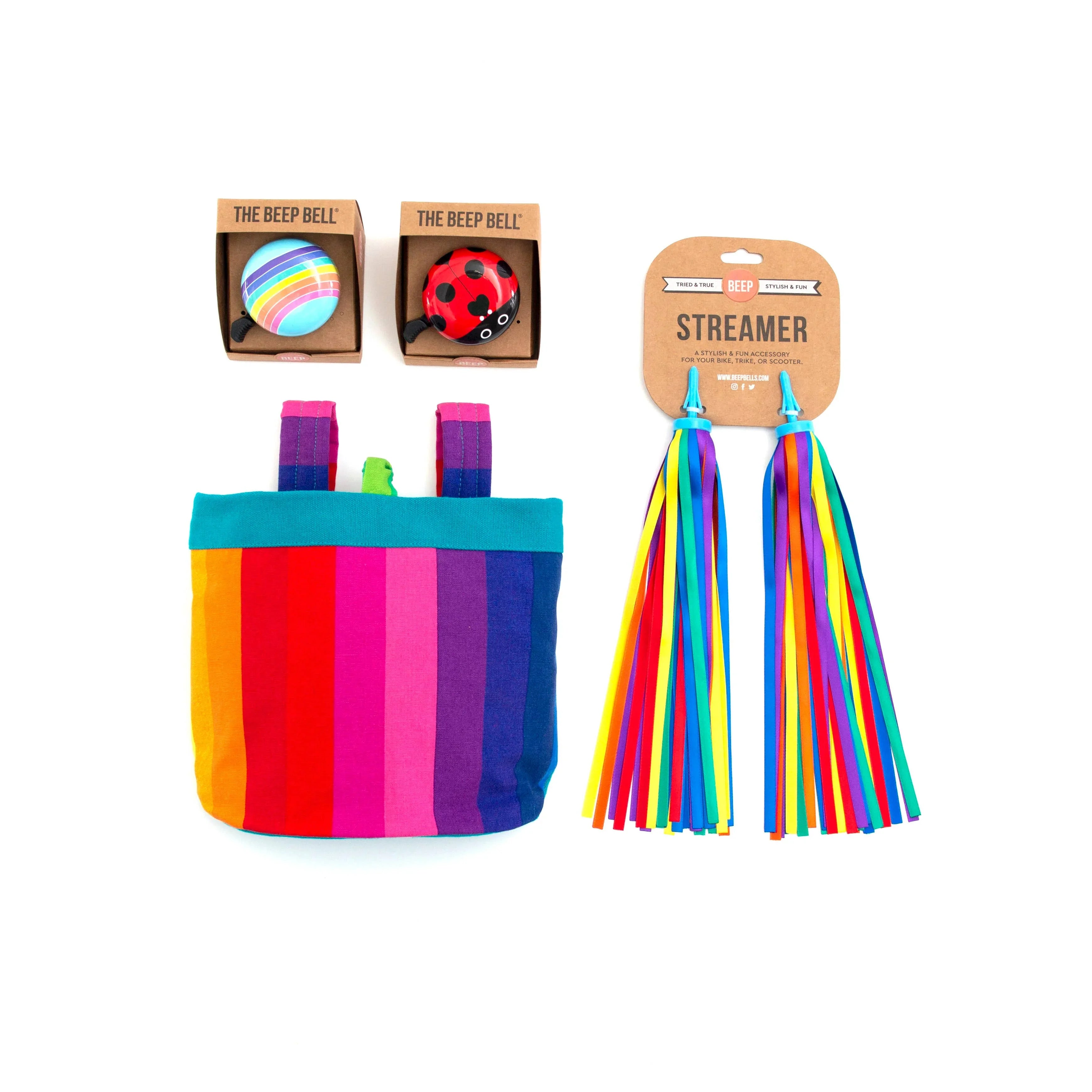 Colorful bike bells, rainbow streamers, and striped bag for kids' bikes or scooters