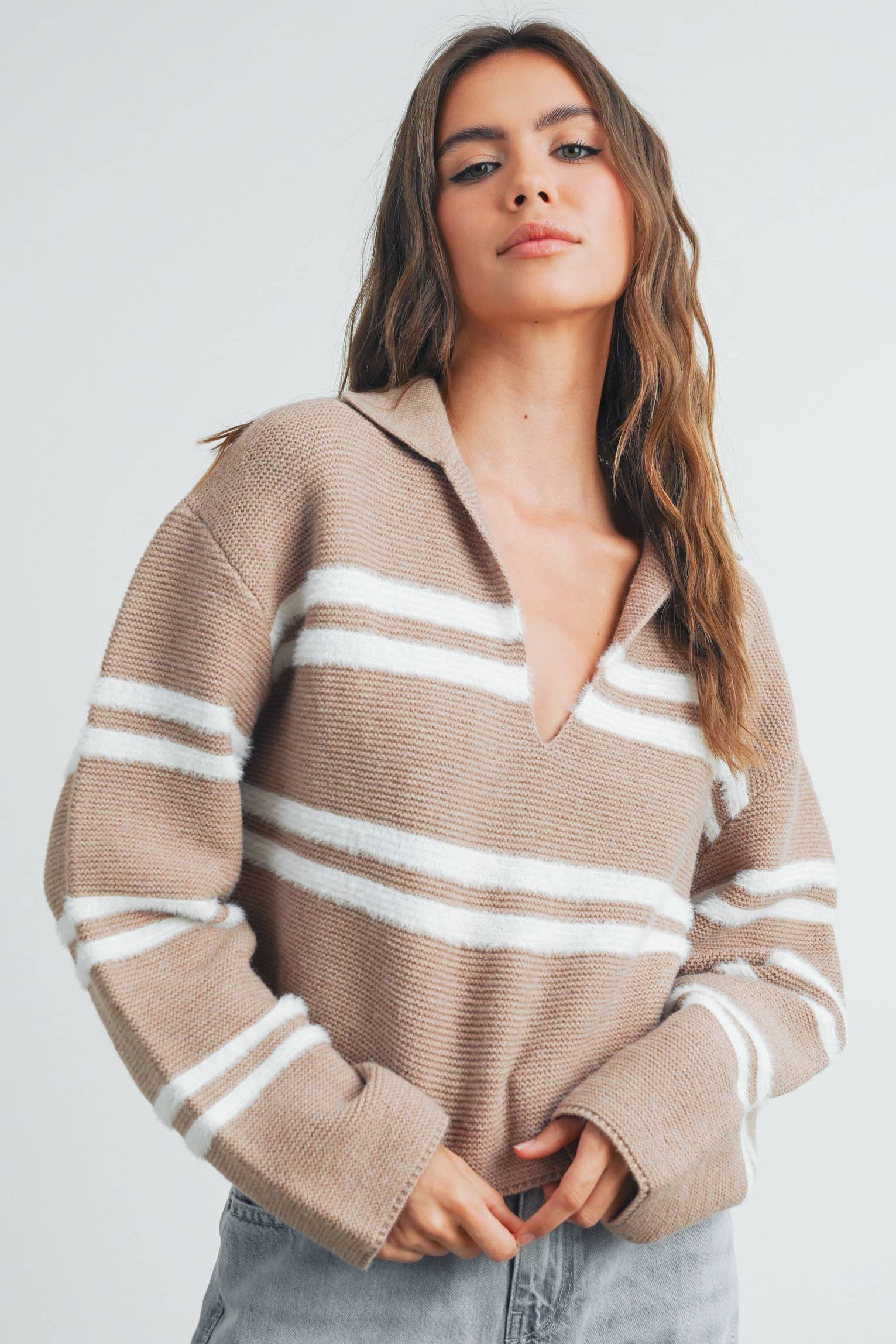 ButterMelonStripe Crop Collar Sweater Top - BMW7393
