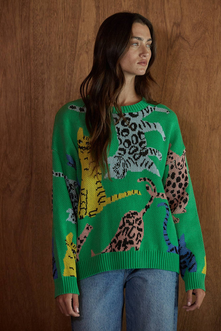 W2809 | Knit Sweater Cotton Acrylic Animal Jacquard Pullover