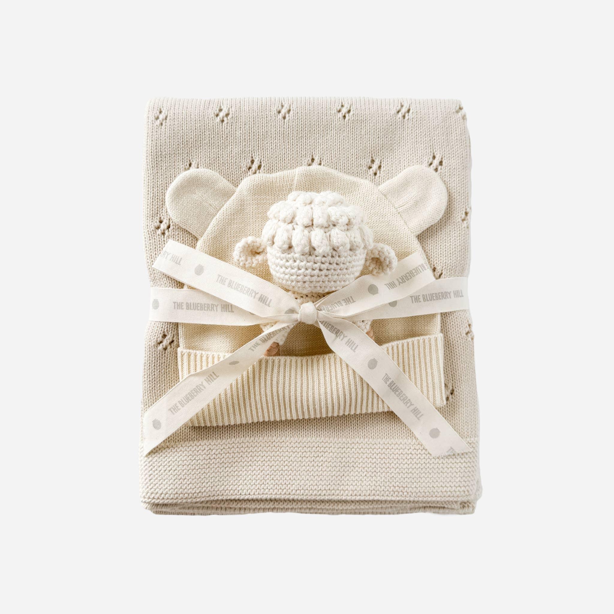Set Lamb Pique Blanket Hat Rattle Teether Baby Shower Gift