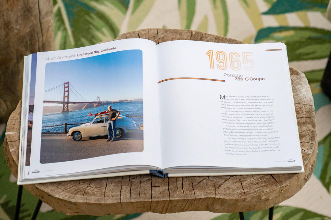 Open book featuring Marc Andreini with 1965 Porsche 356 C Coupe near Golden Gate Bridge, coastal surf culture