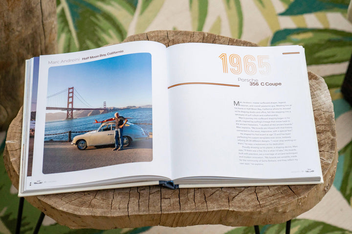Open book featuring Marc Andreini with 1965 Porsche 356 C Coupe near Golden Gate Bridge, coastal surf culture