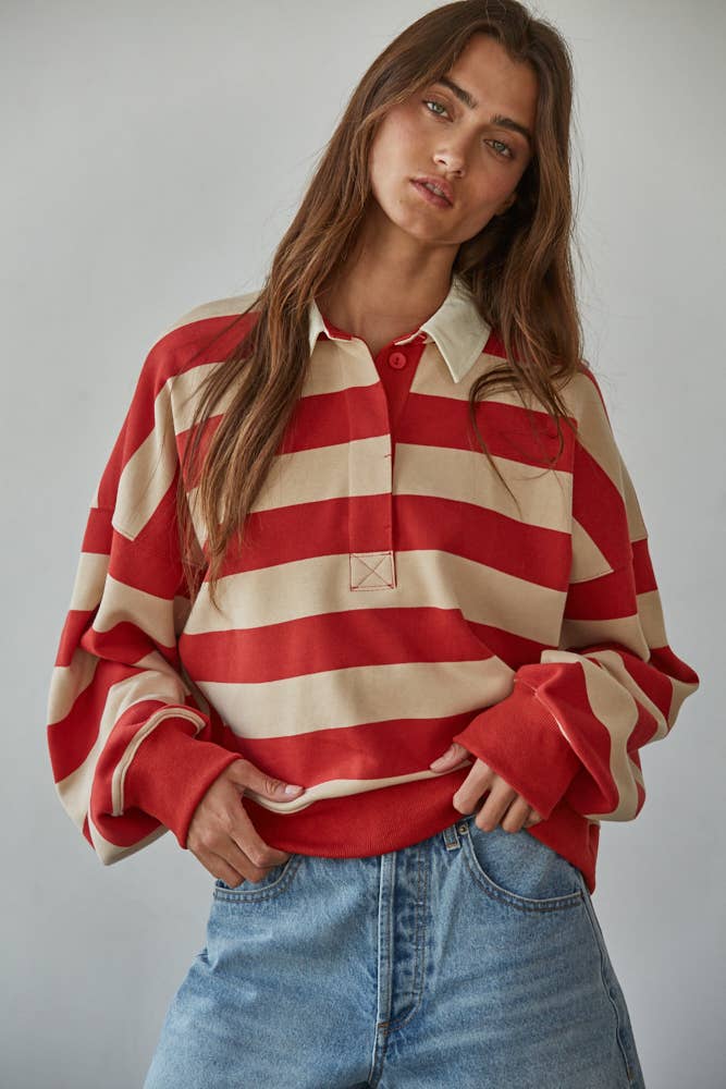 L8467 | Knit Cotton Polyester Striped Half Button Up Top