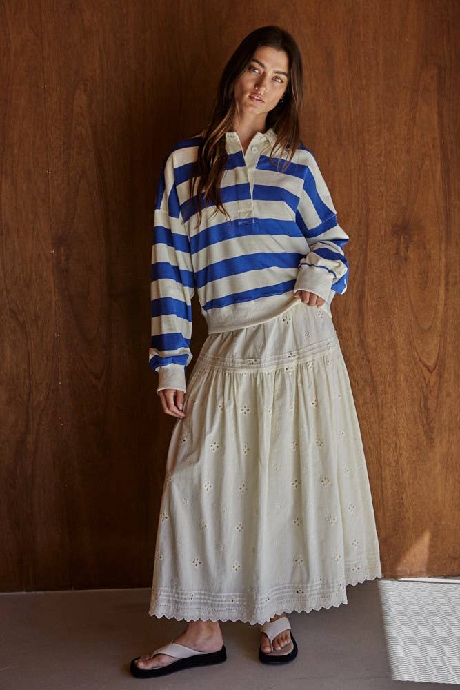 L8467 | Knit Cotton Polyester Striped Half Button Up Top