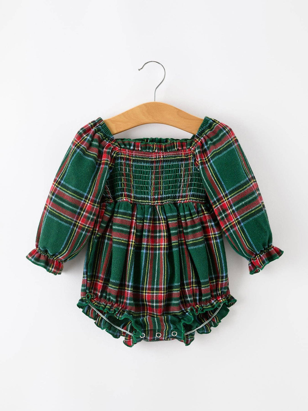 Christmas Plaid Smocked Baby Girl Bubble Romper Ruffle Detail