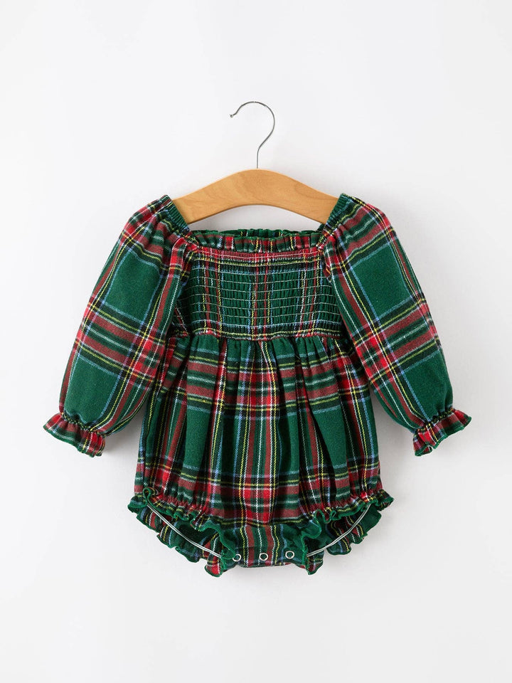 Christmas Plaid Smocked Baby Girl Bubble Romper Ruffle Detail