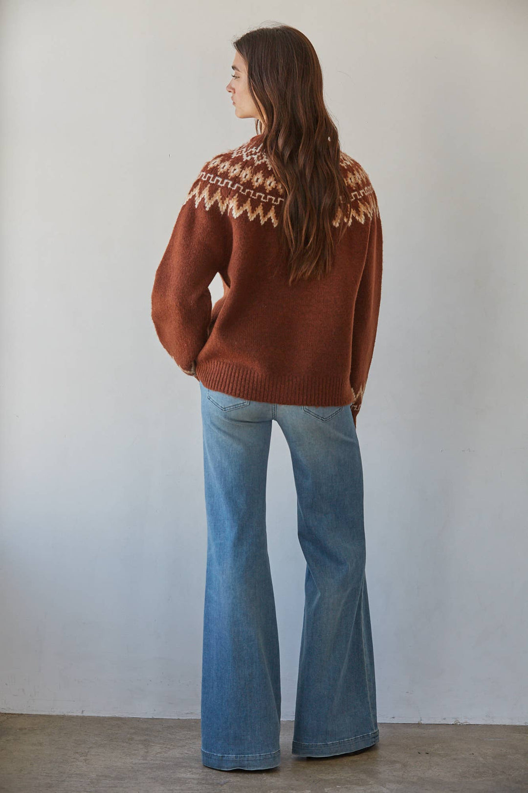 W2642 | Knit Sweater Fair Isle Mock Neck Raglan Pullover