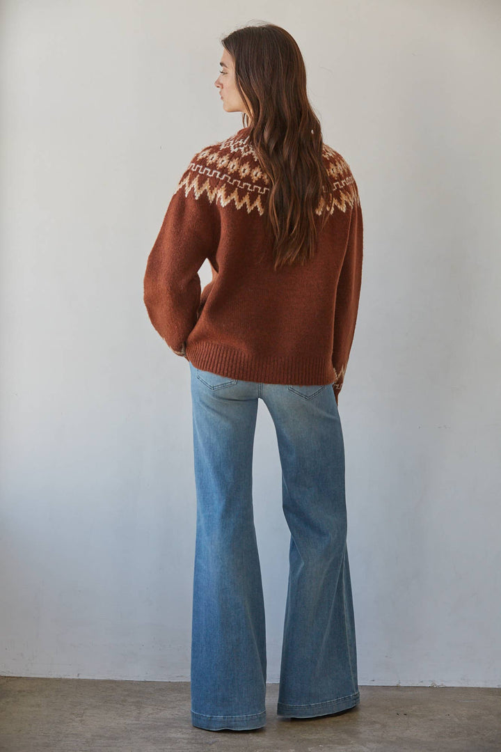 W2642 | Knit Sweater Fair Isle Mock Neck Raglan Pullover