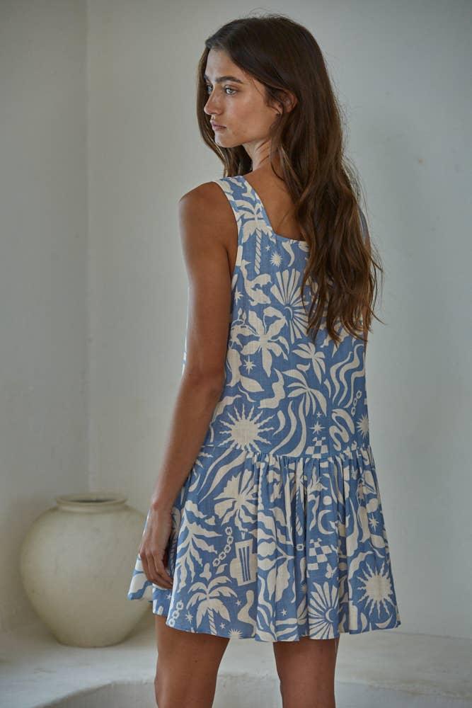 L9753 | Woven Rayon Linen Print Detail Mini Dress