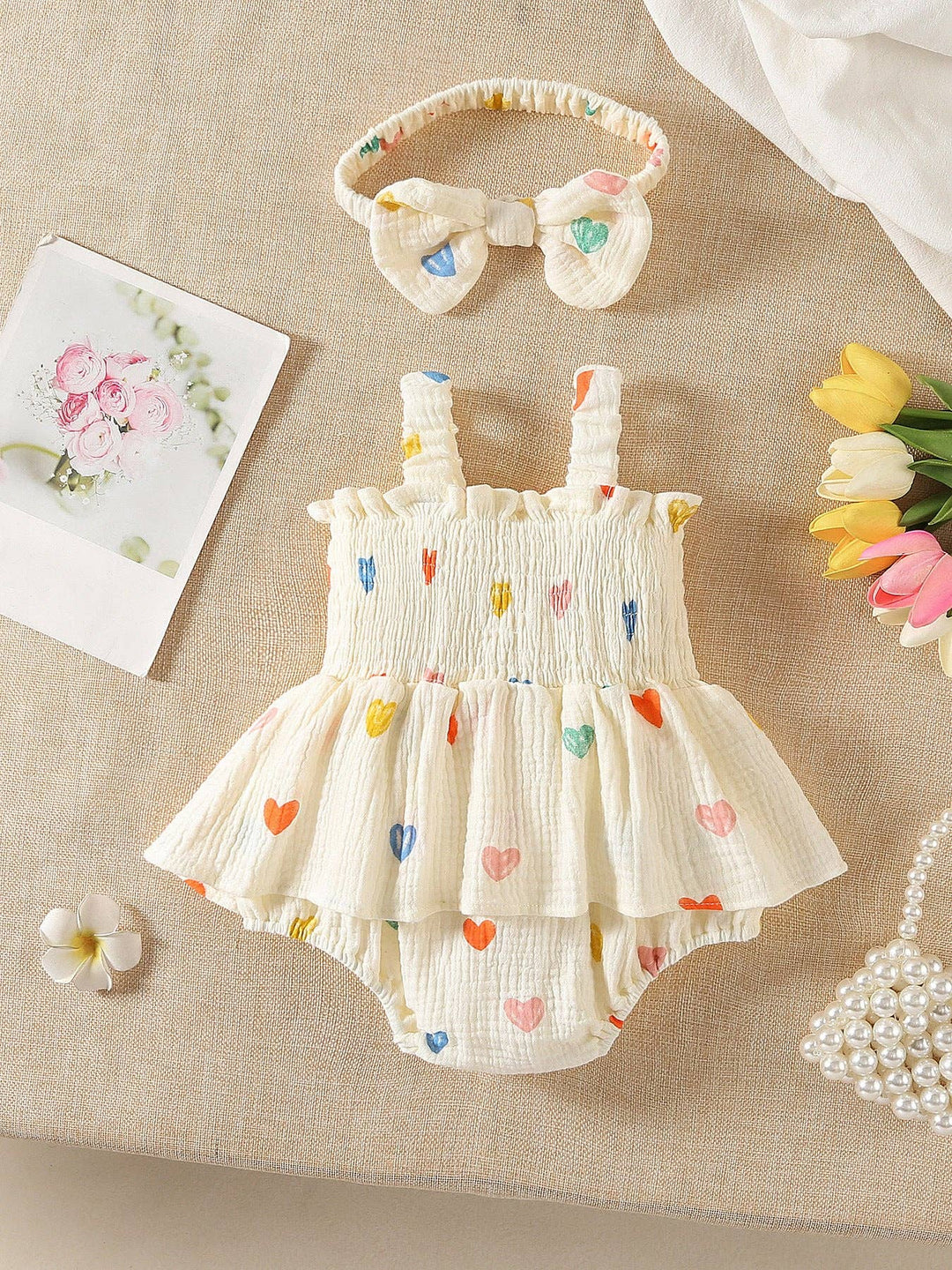Light Yellow Heart Print Baby Girl Romper Set With Headband