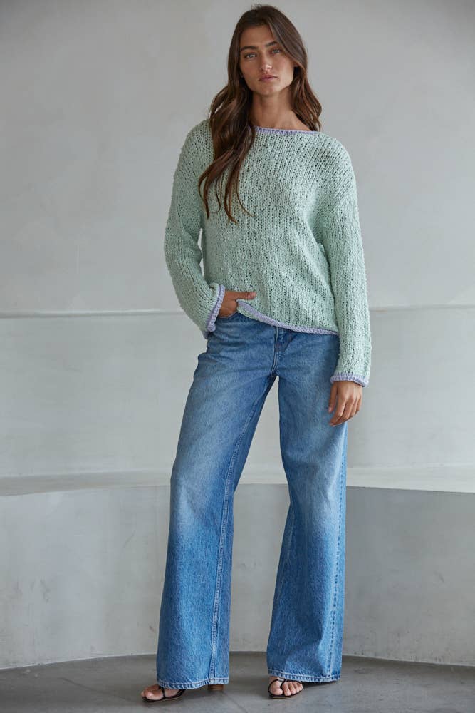 W1919 | Knit Sweater Pullover Top With Contrast Hems Detail