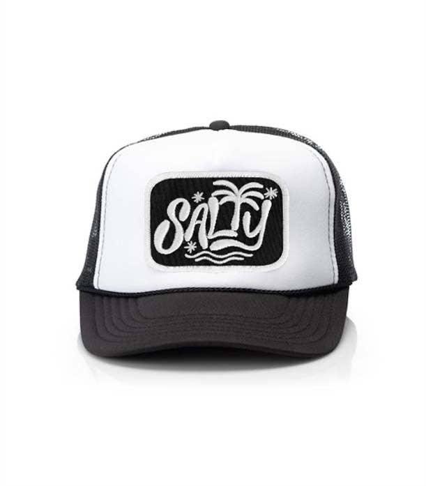 Salty palm tree trucker hat for coastal adventures and beach days