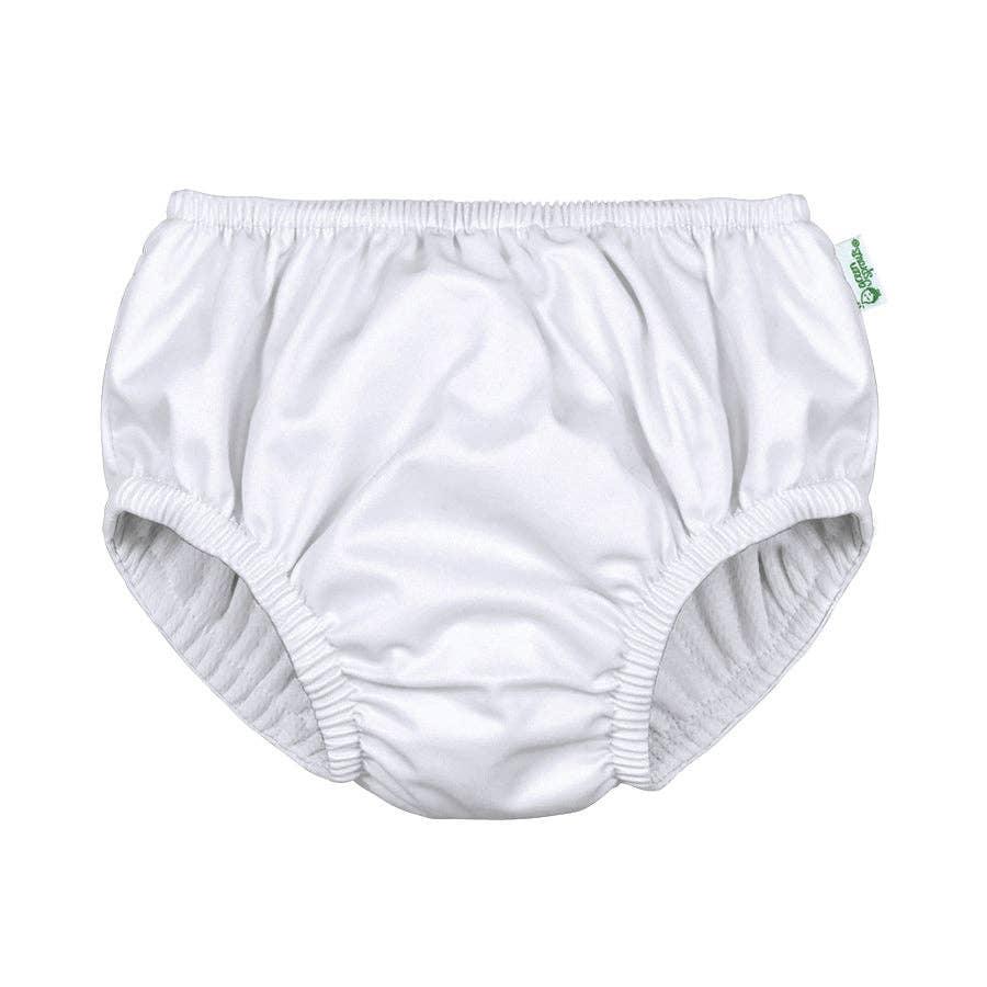 White reusable cloth diaper with elastic waistband and leg openings