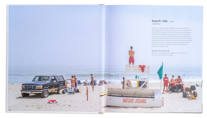 Beach scene with vintage truck, lifeguard tower, and surfers — coastal PNW adventure vibes