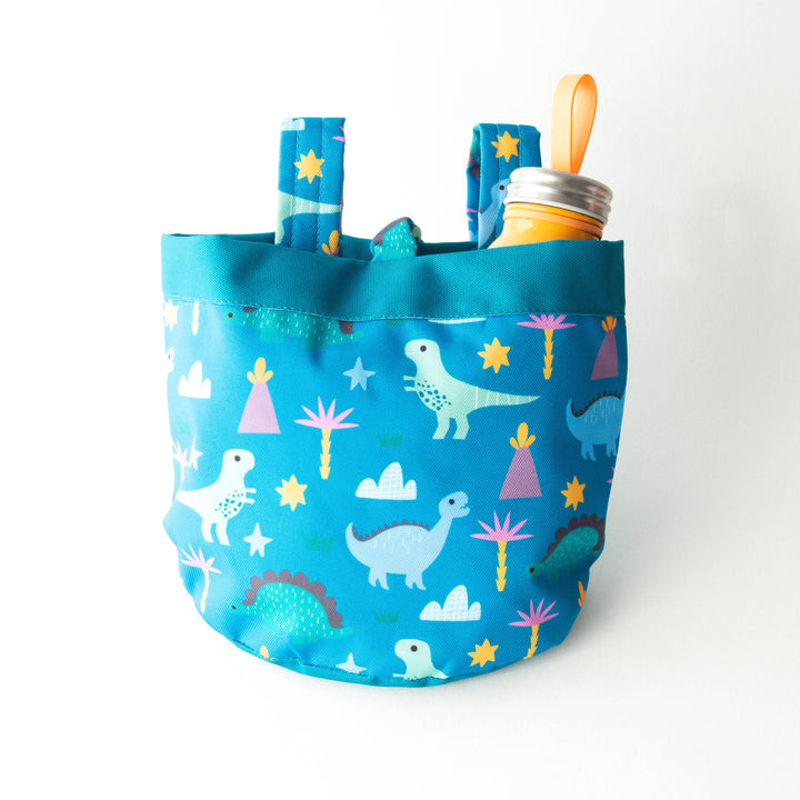 Blue dinosaur print kids tote bag with water bottle, perfect for outdoor adventures and beach days