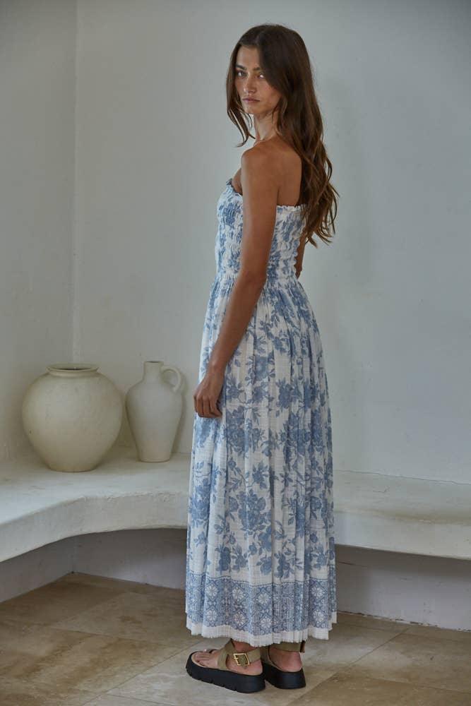 L9240 | Woven Cotton Rayon Floral Smocked Strapless Midi
