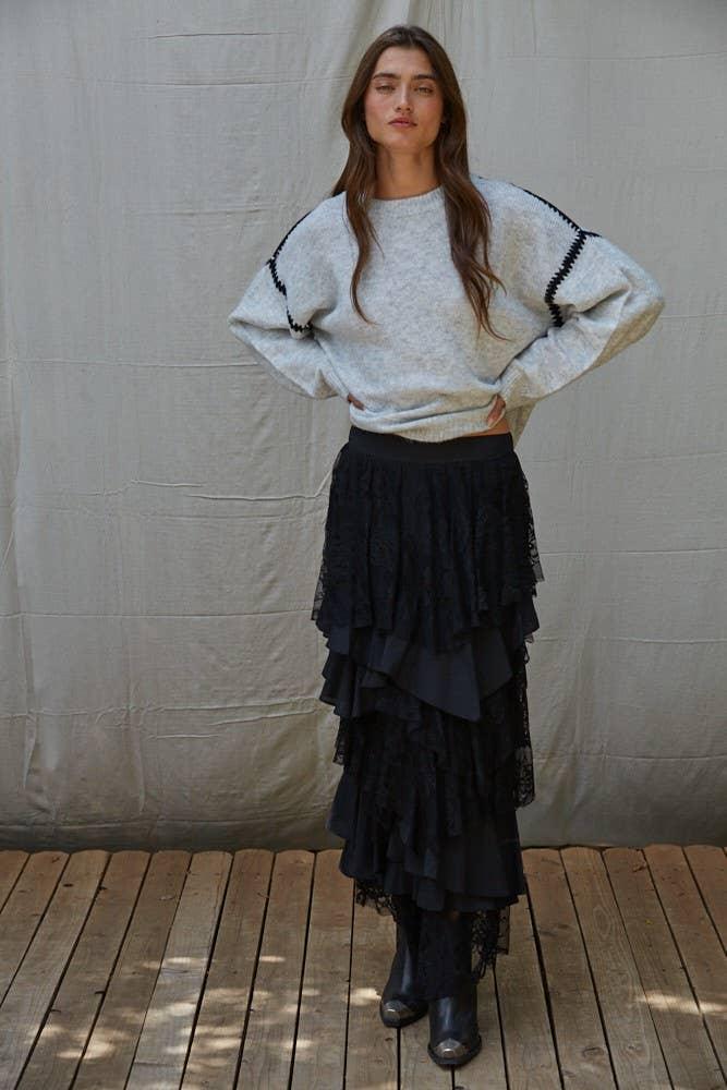 W2283 | Knit Sweater Stitch Detailed Crew Neck Pullover