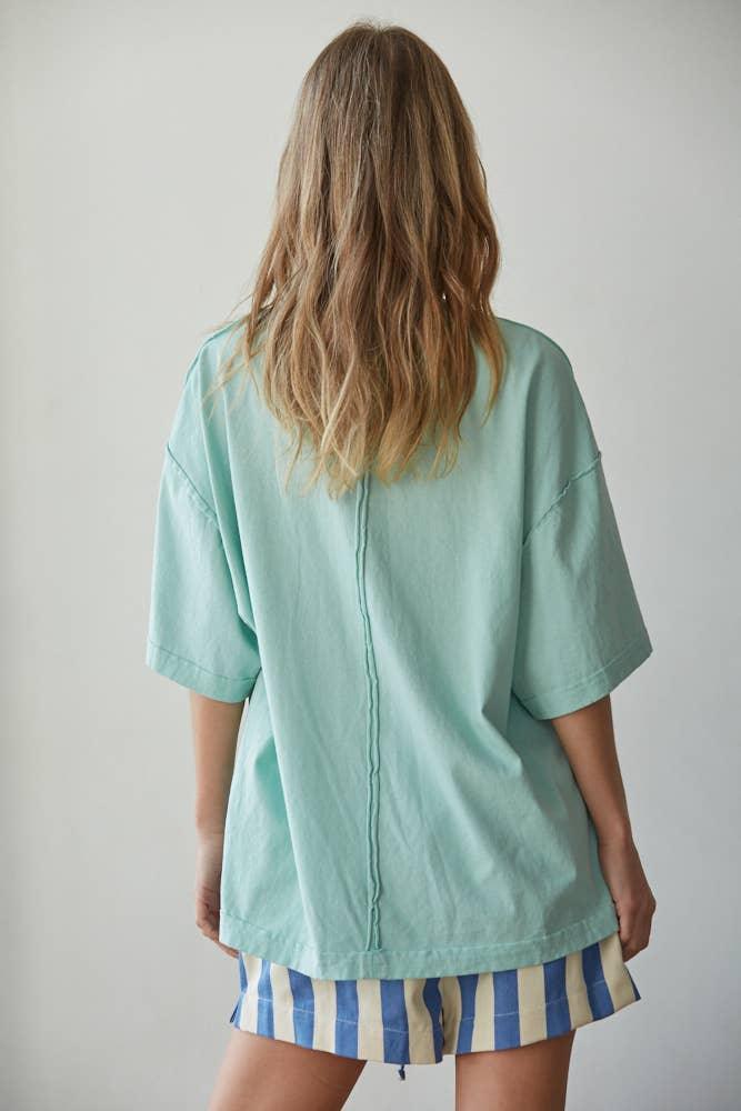 L9468 | Knit Cotton Graphic Shell Print Crew Oversized Top