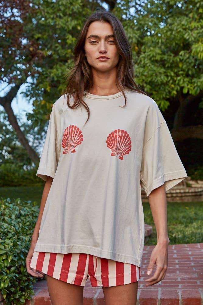 L9468 | Knit Cotton Graphic Shell Print Crew Oversized Top