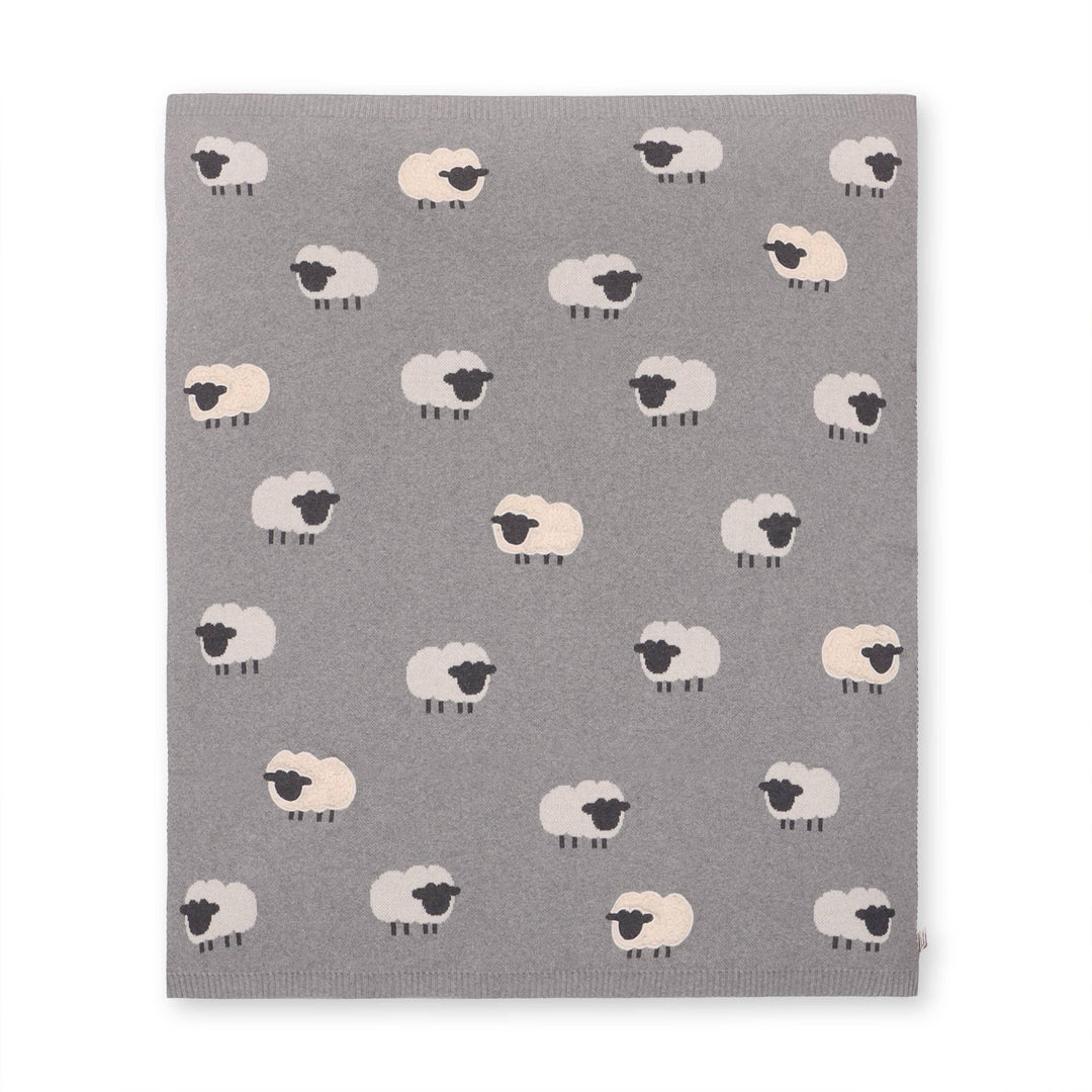 Gray baby blanket with cute white sheep pattern, soft knit texture for nursery or stroller
