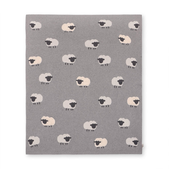 Gray baby blanket with cute white sheep pattern, soft knit texture for nursery or stroller