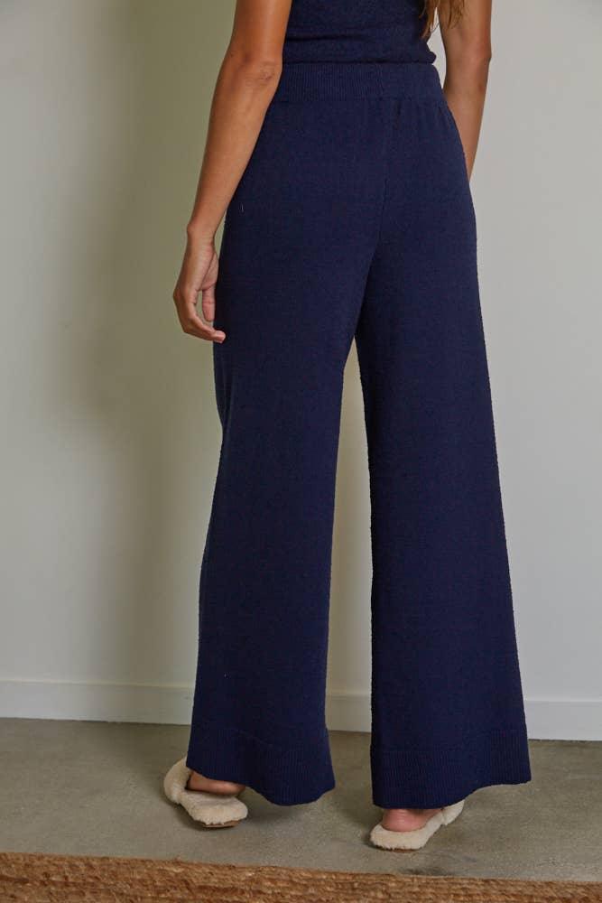 Navy blue wide-leg knit pants for cozy coastal style and everyday comfort