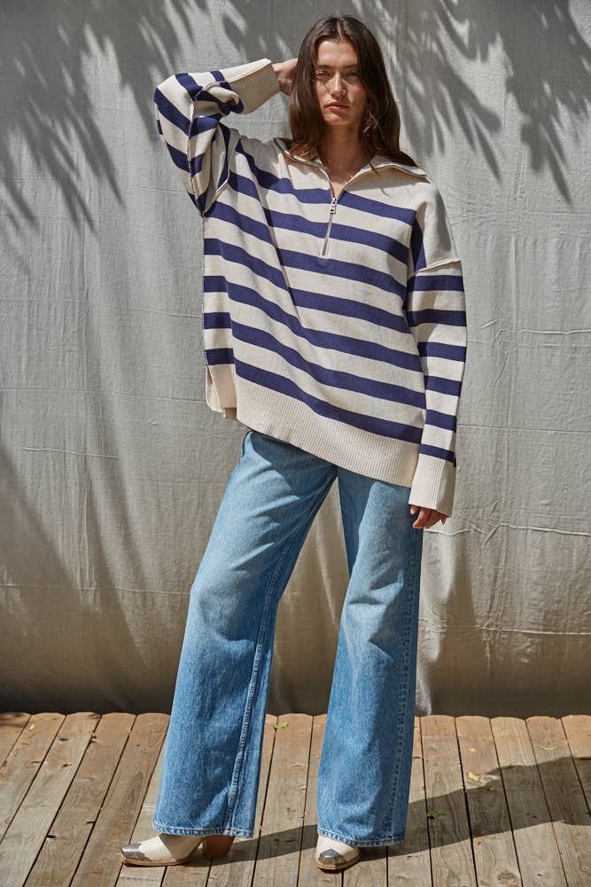 W2568 | Knitted Front Quarter Zipper Striped Mock Pullover