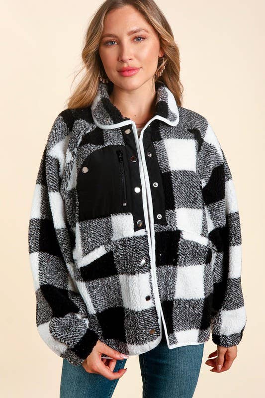 Button Down Plaid Sherpa With Side Pockets