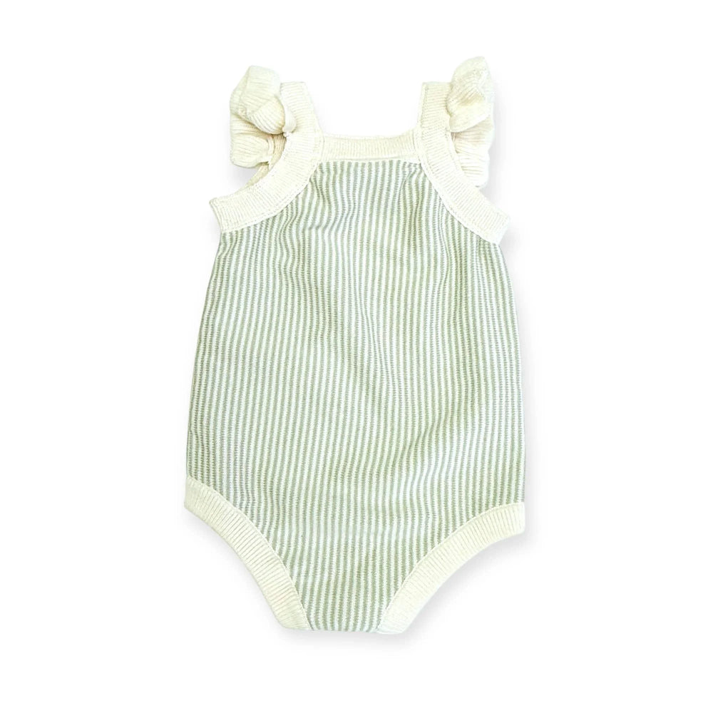 Green and white striped baby onesie with ruffled shoulder straps