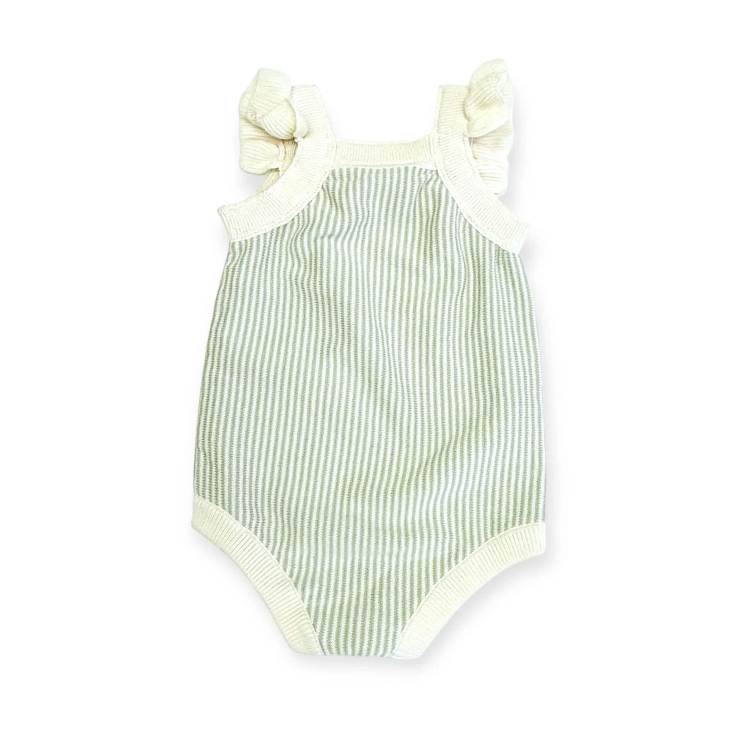 Green and white striped baby onesie with ruffled shoulder straps