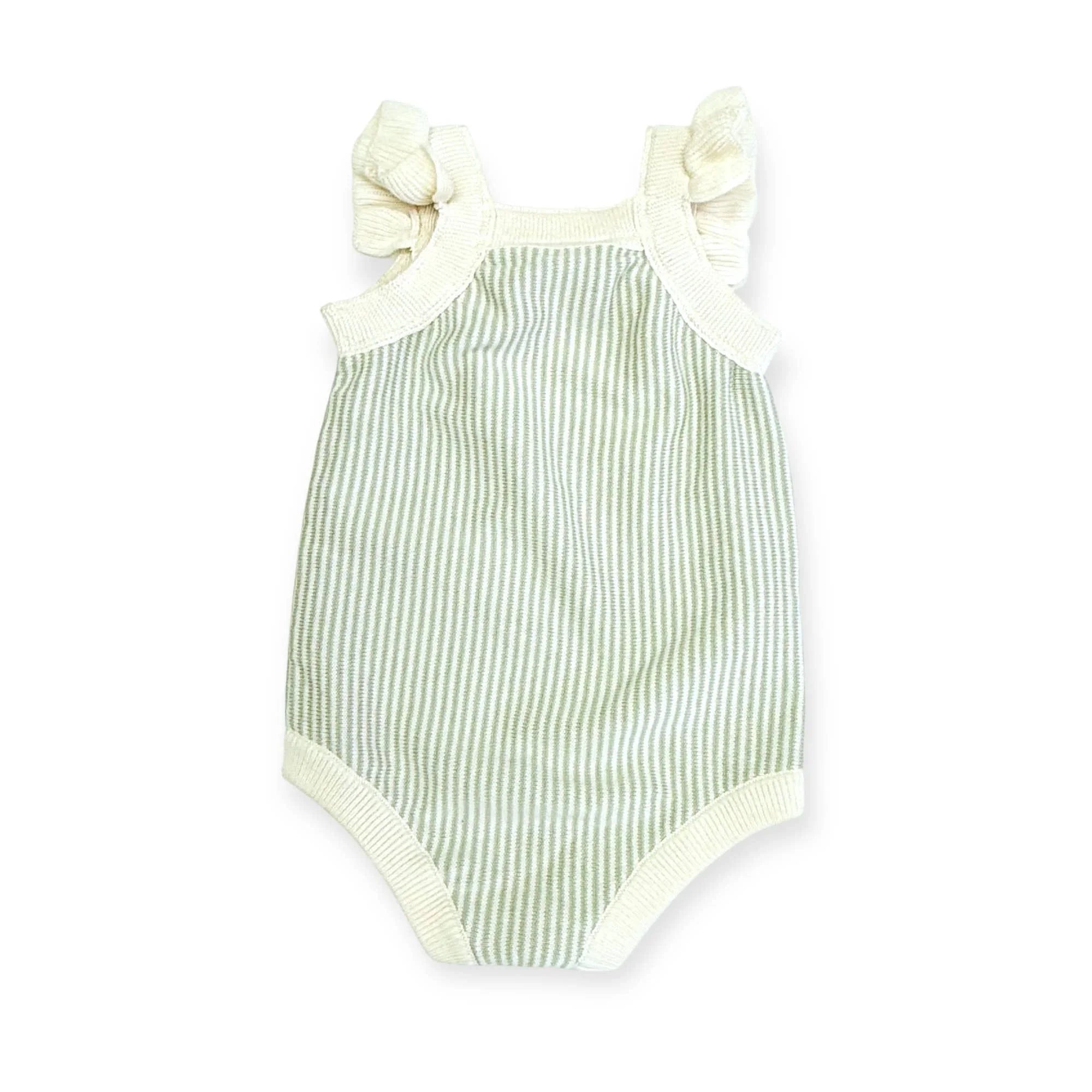 Green and white striped baby onesie with ruffled shoulder straps