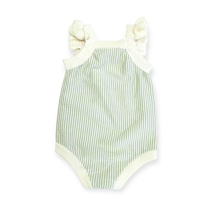 Green and white striped baby onesie with ruffled shoulder straps
