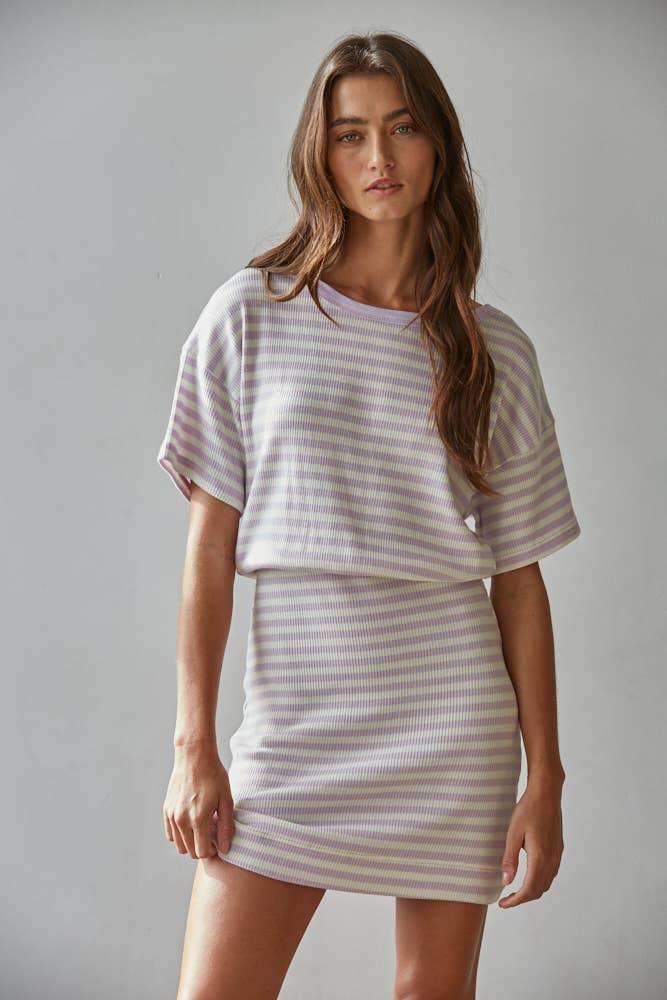 Lavender striped ribbed t-shirt and matching mini skirt set for coastal PNW style