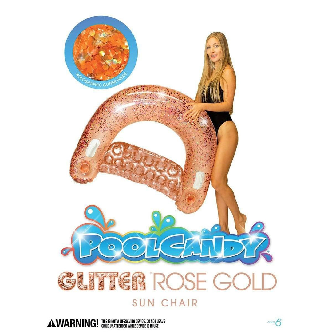 Rose gold glitter pool float sun chair with holographic sparkle, perfect for beach or pool days