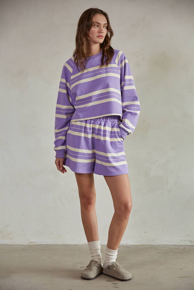 By Together L7383 | Striped Crew Neck Long Sleeve Pullover Top